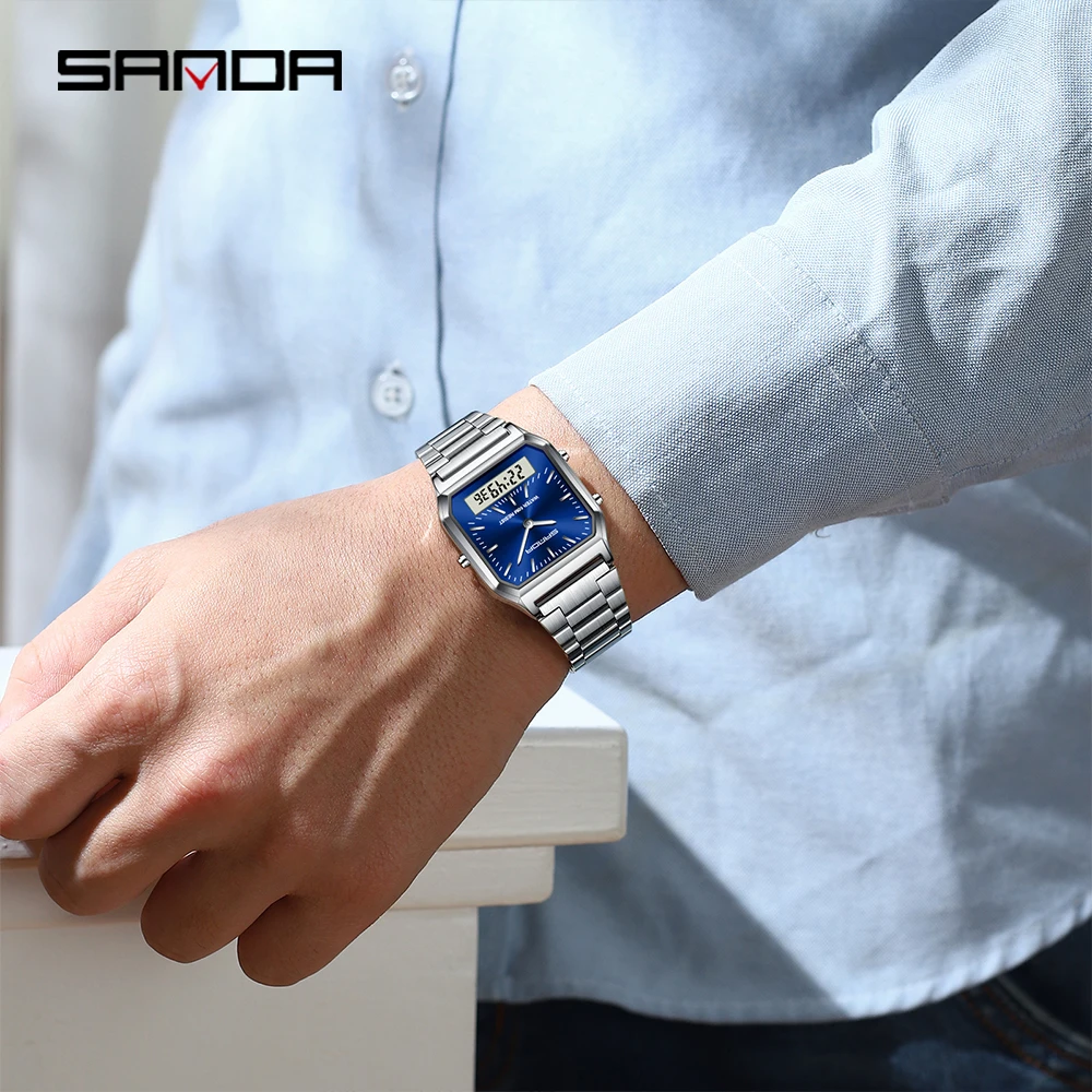 SANDA Luxury Mens G style Watches Stainless Steel Women LED Digital Dual Display Clock Unisex Waterproof Sports Quartz Watch 747