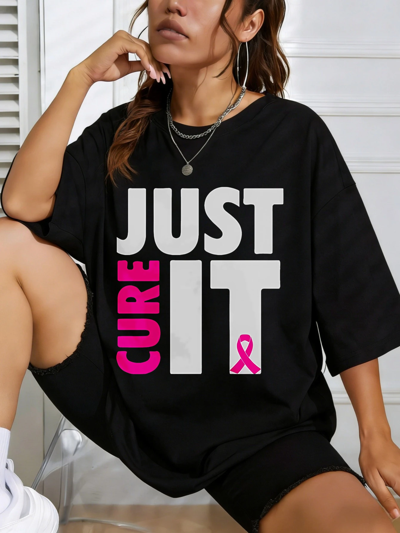 

Women's Casual Short Sleeve T Shirt Just Cure It Pink Ribbon Printed Graphic Cotton Loose Fit Summer Daily Wear Gift for Her