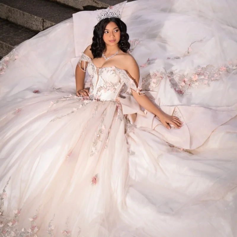 

Light Color Quinceanera Dresses Off the Shoulder Crystal Decal Glitter 3D Flower Long tail Bow Vestidoe 15 Quinceanera Customize