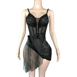 Sparkly Rhinestones Chains Mesh See Through Black Short Dress Women Celebrate Birthday Prom Evening Dress Sexy Photo Shoot  Wear