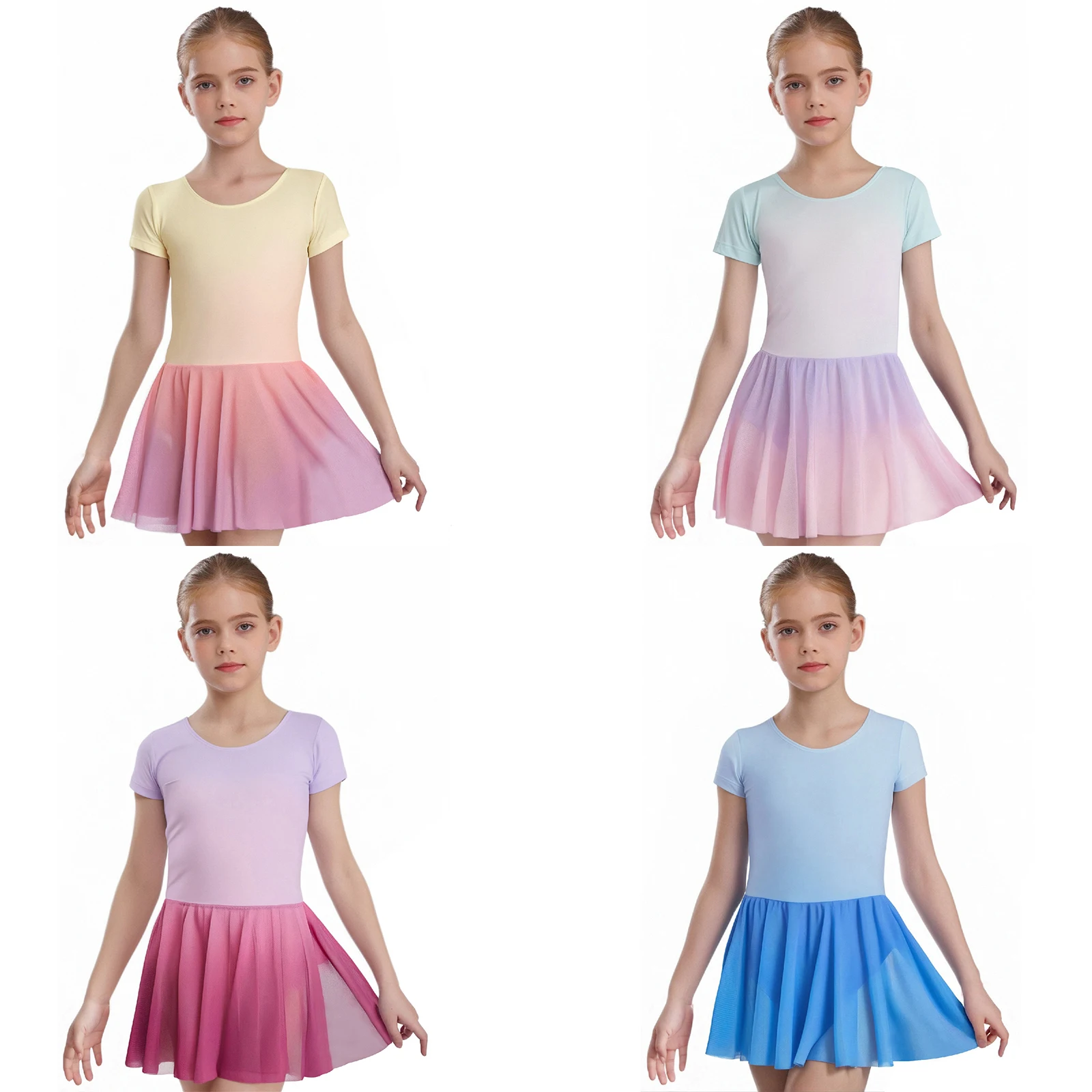 Girl Lyric Gymnastics Ballet Dance Dress Short Sleeve Round Neck Gradient Dress with Built-in Briefs for Ballet Latin Dance Show - Image 6
