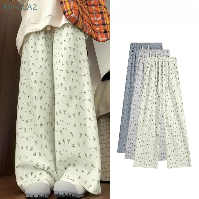 Pantalones de pierna ancha con estampado para mujer, pantalón de cintura alta, holgado, informal, a la moda