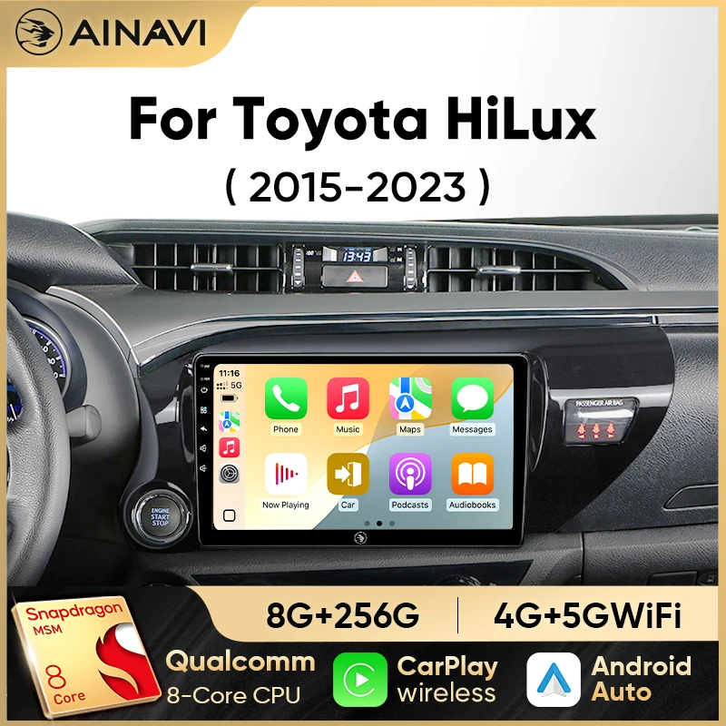Image of Ainavi Autoradio für Toyota Hilux LHD 2015 2016 2017 2018 2020 2021 2023 Kabelloses Carplay Android Auto Multimedia-Player Stereo