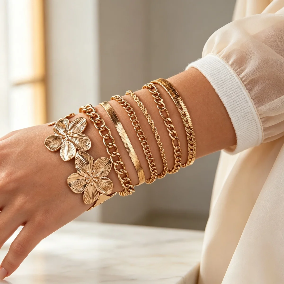 Minimalistische, strukturierte Metall-Blumen-Schlangenkette, stapelbare Armbänder für Damen und Herren, Punk-Figaro-Curb-Twist-Kettenarmreif, Party-Schmuck – Detail 9