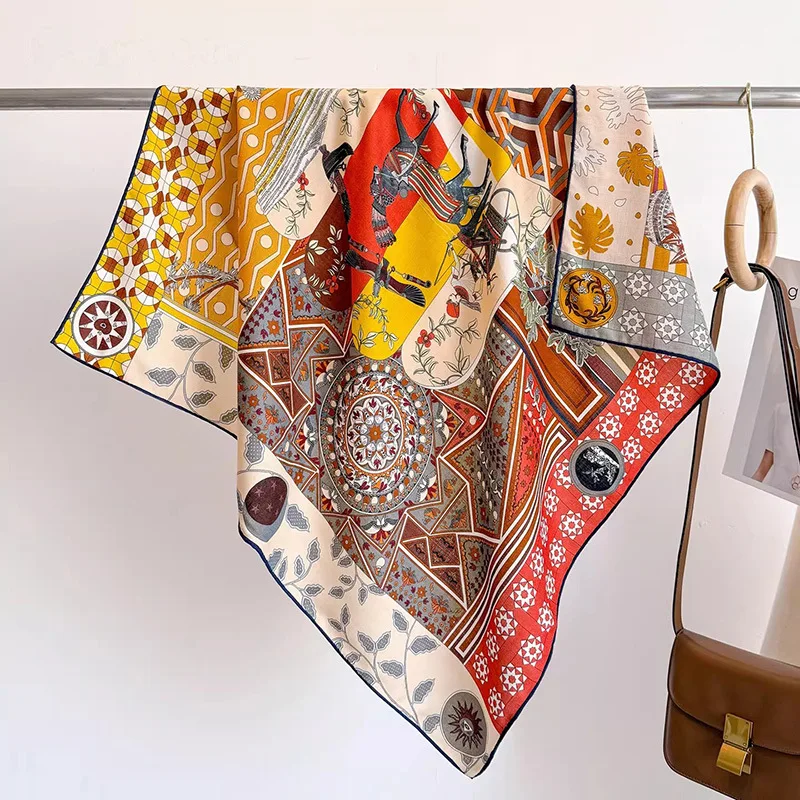30% MULBERRY SILK 70% WOOL Scarf 90x90cm Vintage Collage Knight Mandala Print Square Scarf Unisex Shawl Headscarf Decor Gift