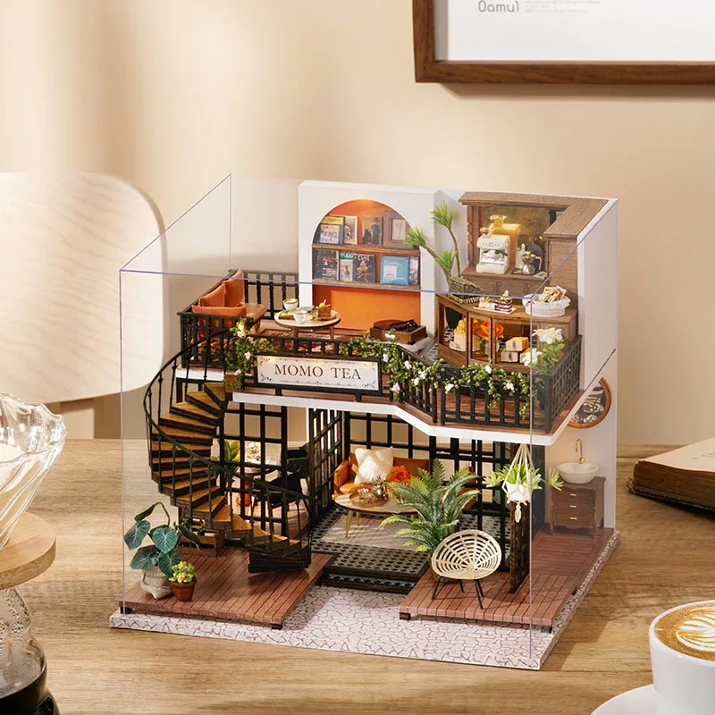 

Miniatures Dollhouse Collection Vintage Casa Tea Shop Two-storey Villa House DIY Doll Houses Kit Miniature with Furniture Toys