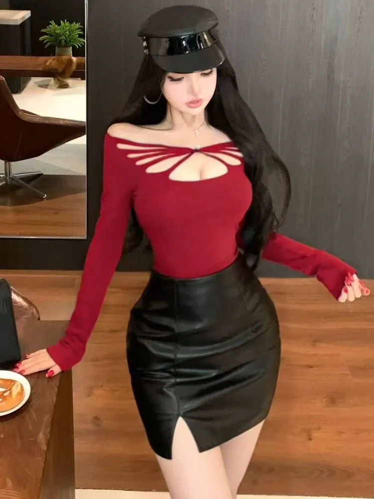

Sexy Slim Fit Long Sleeve Hollow out Top And Skirt Set for Women Autumn Winter Fashion Style Commute Korean Version mid Waist