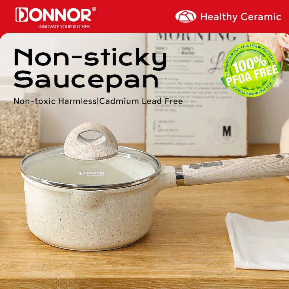 

DONNOR Ceramic Nonstick Sauce Pan with Lid 2QT Milk Pot Compatible with All Stovetops 1-3 use PFAS / PFOA Free,white