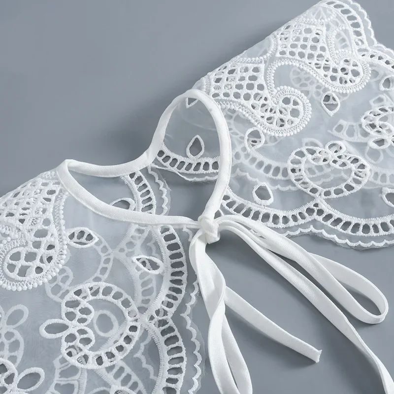 Collar falso Floral de encaje para mujer, chal con cuello desmontable calado, solapa blanca, lazos, Collar falso, bufanda, capa