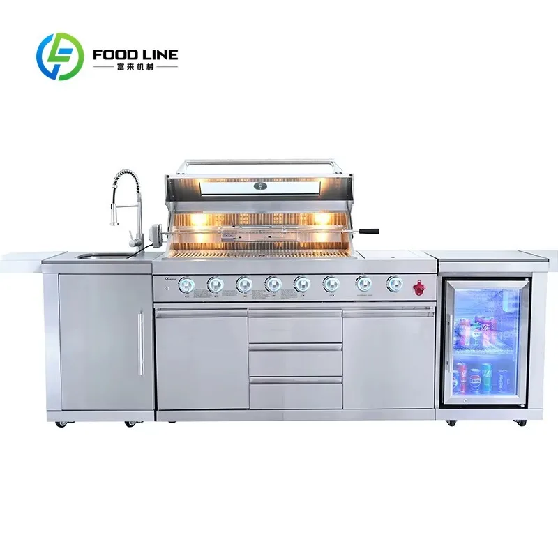 Customized High Quality Stainless Steel Gas Grill Party BBQ Outdoor Kitchen with Fridge Sink Burners Flame Safety Device