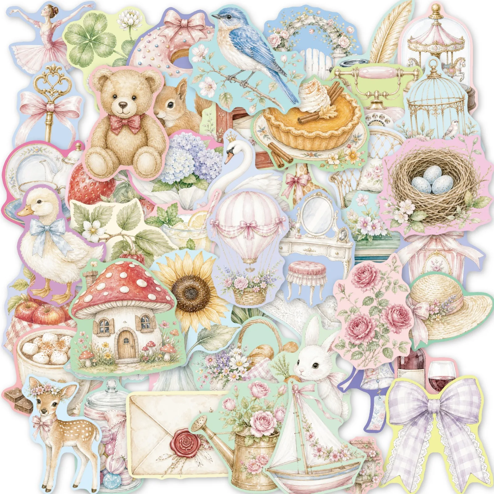 10/30/50PCS Soft Watercolor Vintage Pastoral Stickers Bear Rabbit Bird Floral DIY For Phone Laptop Luggage Graffiti Sticker Pack