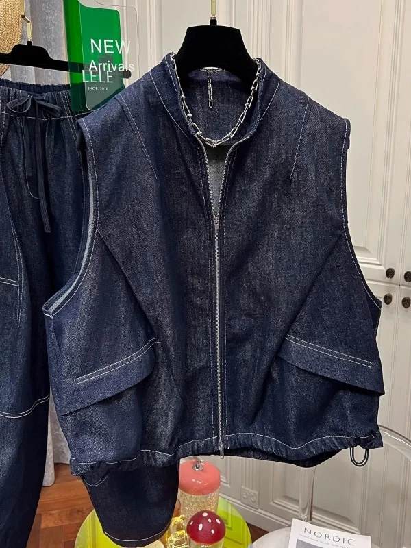 

Loose Fit Denim Vest Autumn New Sle Big Size 300 Pou Stand Collar Sewing Line Design Men's Women's Slimming oulder Pad...