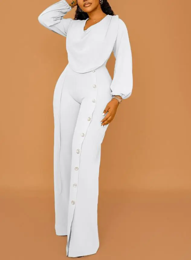 

2025 Long Sleeve Cowl Neck Elegant Long Jumpsuit Casual Wide Leg Button Decor Slit Romper Female Clothing