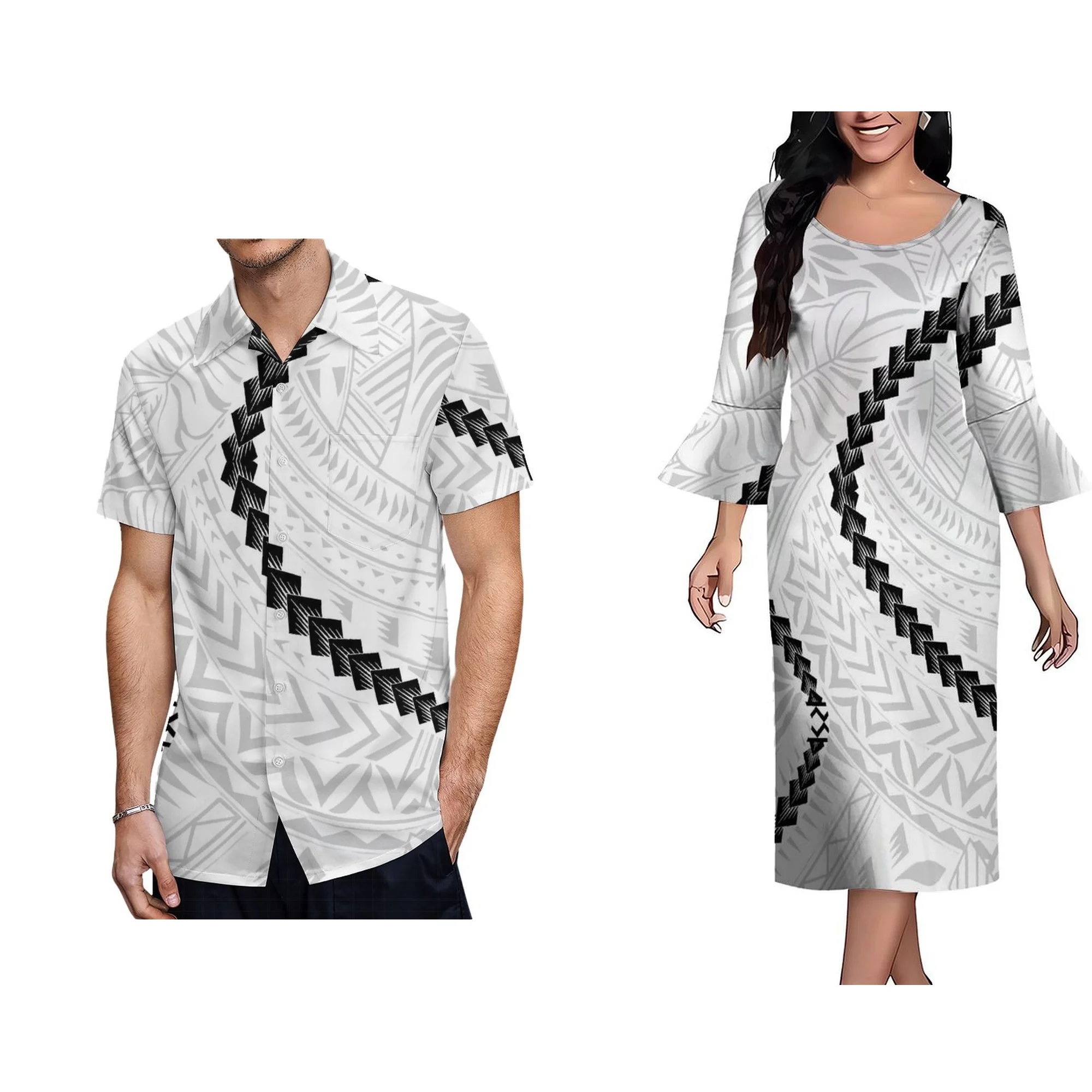 New Island Style Polynesian Dress Women Elegant Crew Neck 3/4 Flare Sleeve Dress Custom Autumn Plus Size Womens Clothing