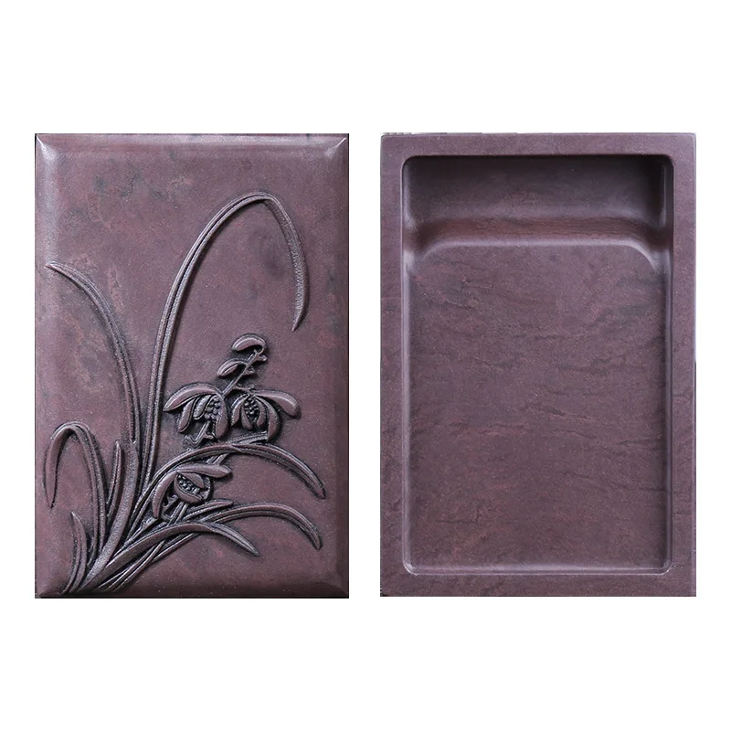 

Songkeng rough stone, orchid peony stone cover inkstone, calligraphy grinding ink strip