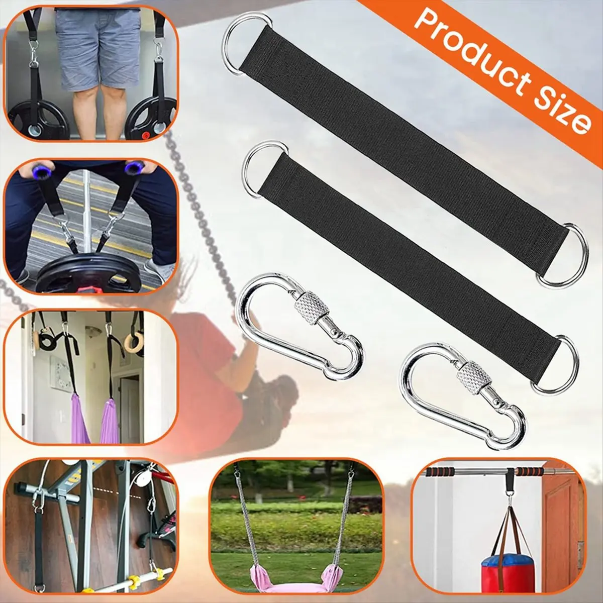 A06K 2Pcs Tree Swing Straps Hanging Kit with 2 Carabiners Single Bar Extension Belt Belt 2m