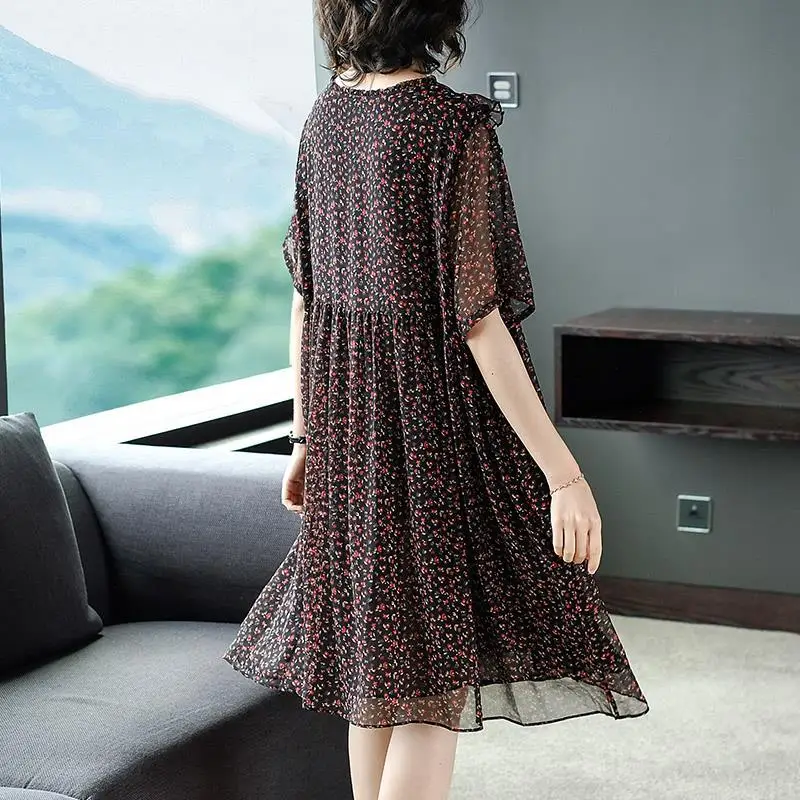 Thời Trang Thanh Lịch Hoa In Ruffles Voan Váy Mùa Hè 2022 Ngắn Tay Áo V-Cổ Áo Thun Lỏng Midi Dress Phụ Nữ Quần Áo