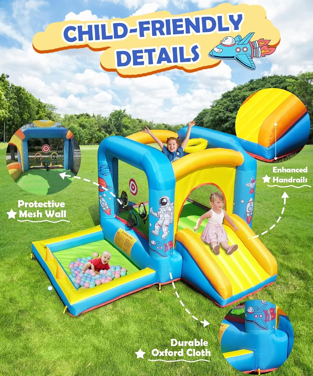 Inflatable Bounce House with Blower for Kids 3-6 y/o, Jumping Castle with Slide, 112x63x67'' Toddlers Bouncer with Ball Pit, Bou