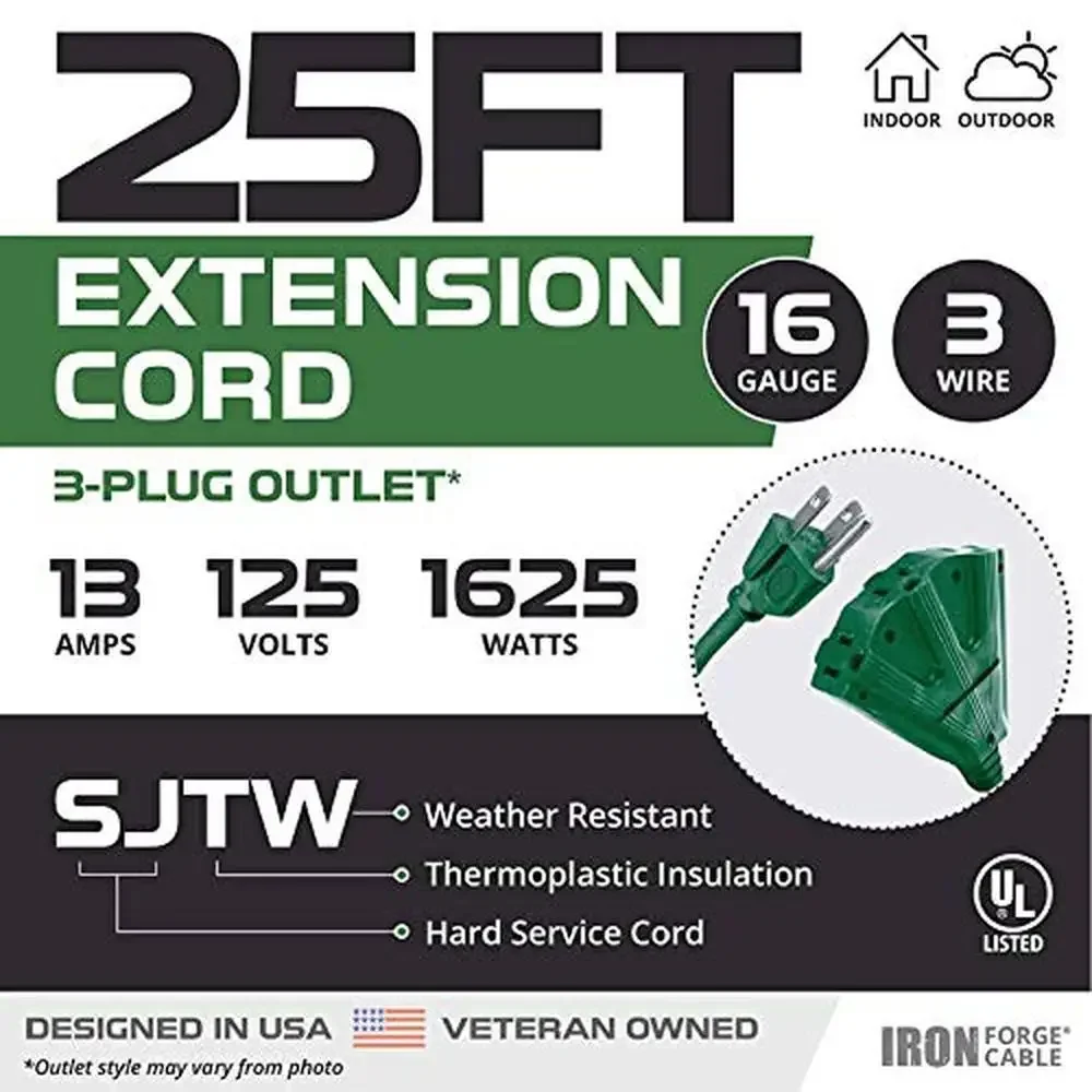 3 Outlet Weatherproof Outdoor Extension Cord 25ft 2 Pack Heavy Duty Green UL Certified 16/3 125V 13A Ideal Outdoor Lights