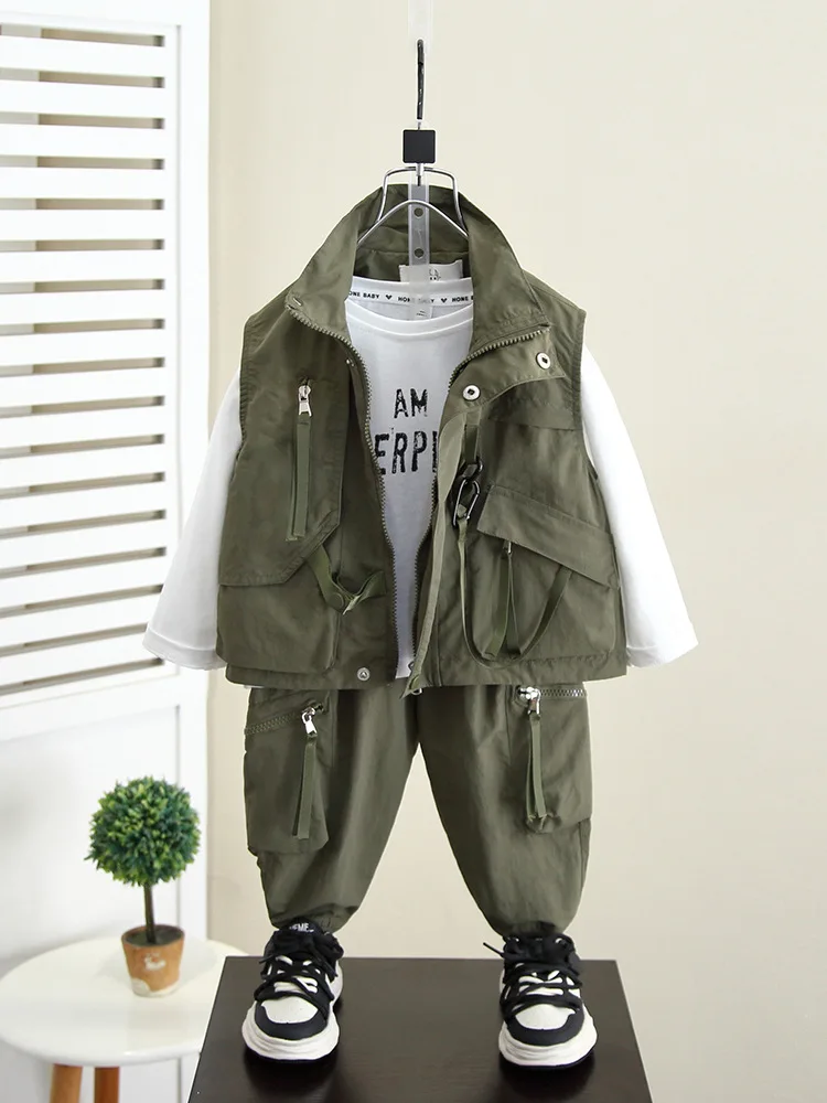 

Spring Autumn Cotton Baby Boy Girls Sports Suit Kids Clothes Sets Boy Vest + T-Shirt + Cargo Pants Children Casual Sportswear