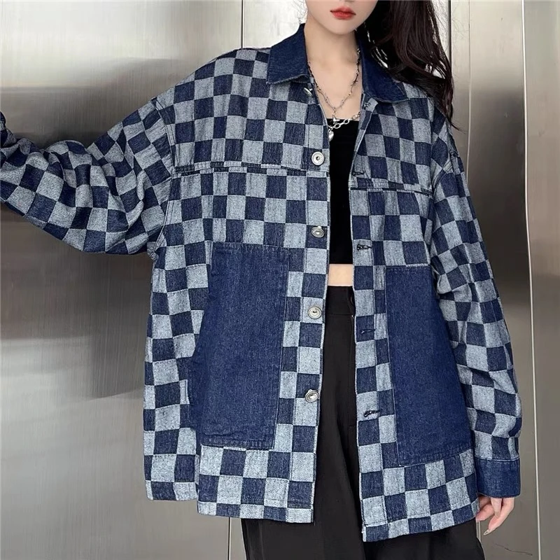 2023 Spring New Plaid Denim Coats Women High Street Hip Hop Turn Down Collar Long Sleeve Oversized Jackets Couples