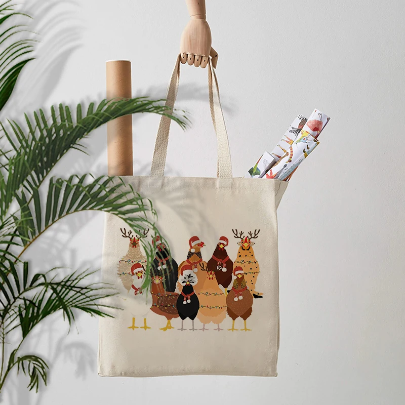 Cute Christmas Chickens Pattern Canvas Shopping Bag Cute Christmas Chickens Tote Bags Best Gift Christmas for Farm Girls