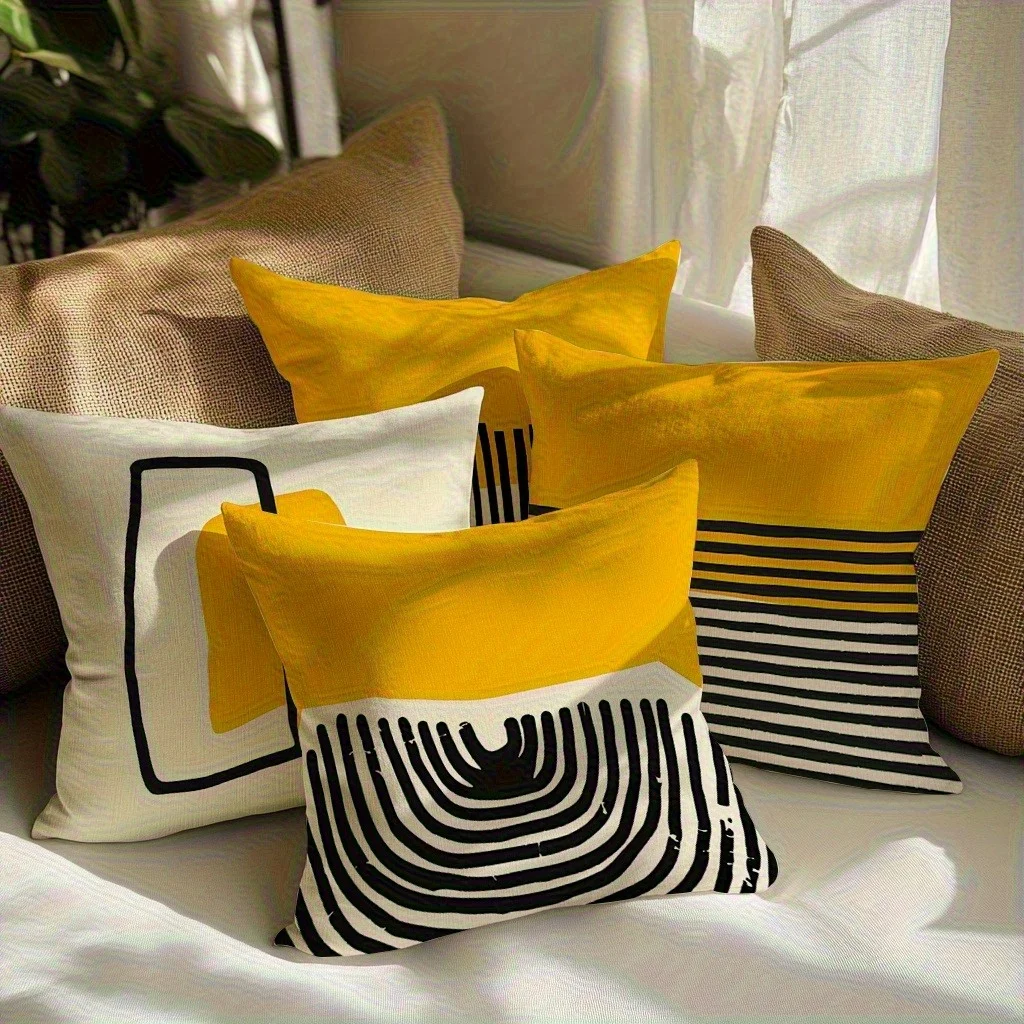 Juego  4 Fundas  Almohada Minimalistas Mornas con Estampado Geométrico, Fundas Cuadradas  Poliéster y Cojines Decorativo