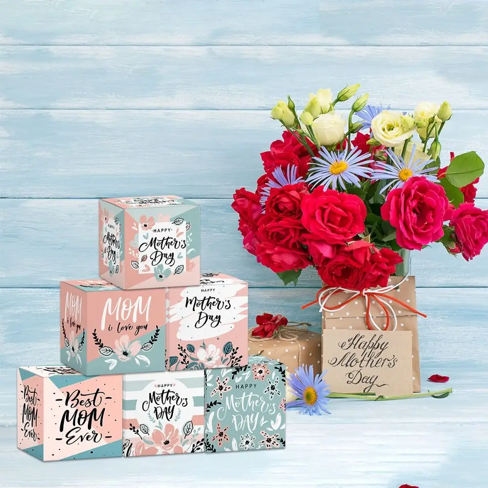 12 Uds. Cajas de regalo románticas para el día de la madre, cajas de embalaje de regalo de dibujos animados coloridas, caja de papel, cajas de dulces para aperitivos hechas a mano