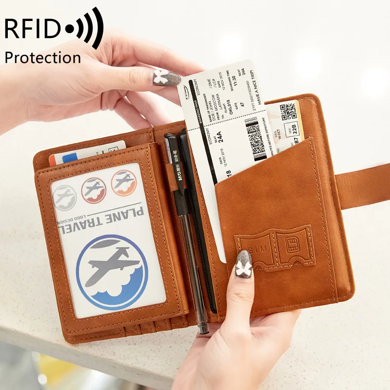

RFID Blocking Passport Holder with ID Credit Card Slot Photo Pen Ticket Money Organizer PU Leather Travel Wallet Anti-Theft Case