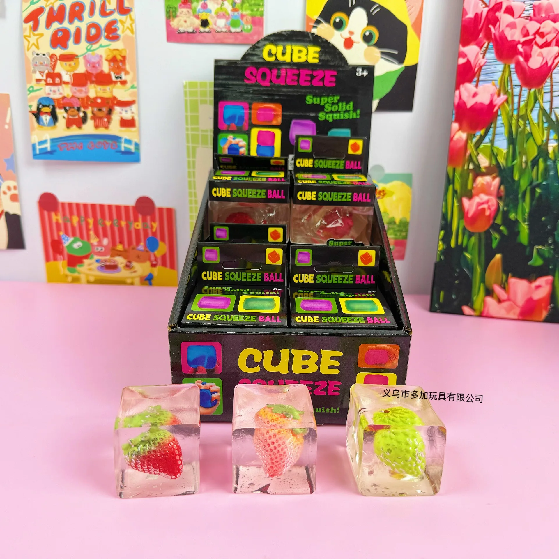 

TH 1pc Cube Squeeze Ball Transparent Strawberry Stress Relief Toy Soft Cube Fidget Toy For Adults Anxiety Relief