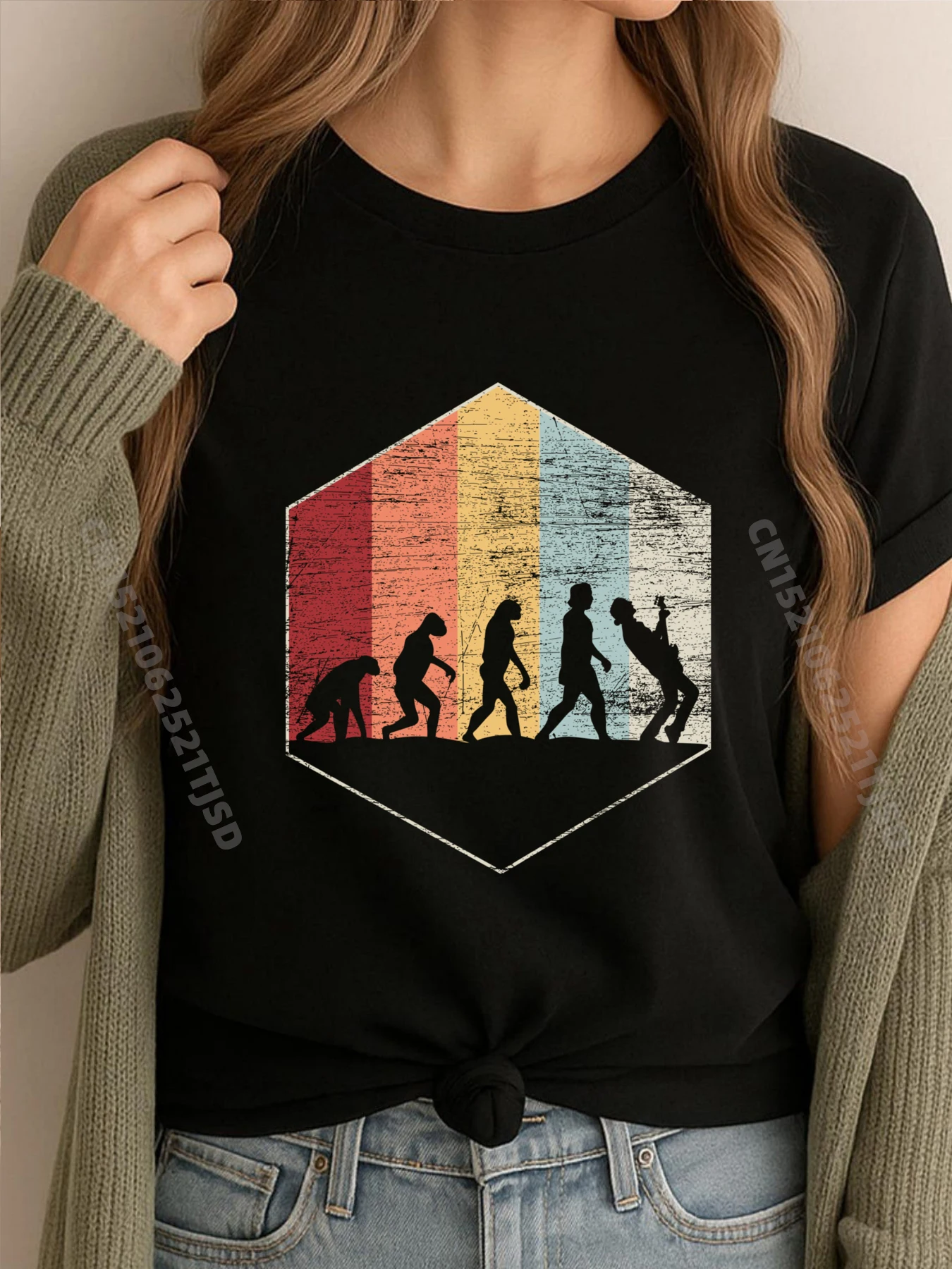 

Винтажная женская футболка для гитариста, эволюция, гитара, роскошная женская футболка высокого качества, женская забавная футболка