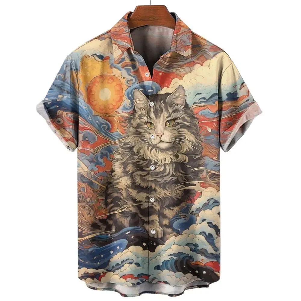 Hawaii Men's Shirt Anime Shirt Cartoon Short-sleeved Tops Summer Casual Men's Clothes Street Animals Cats Retro shirts for boys