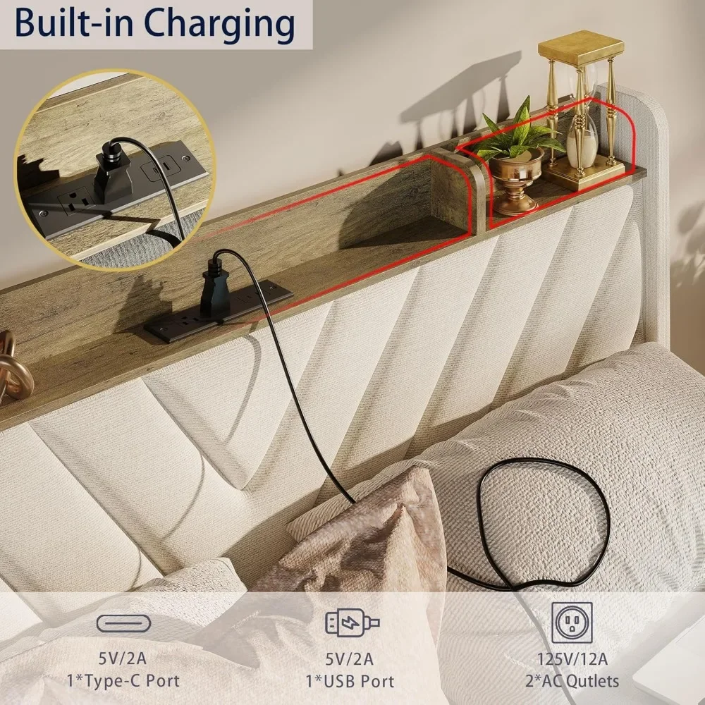 Estructura de cama tamaño Queen con cabecera, estructura de cama con plataforma tapizada con 3 cajones de almacenamiento debajo de la cama, estación de carga USB y tipo C