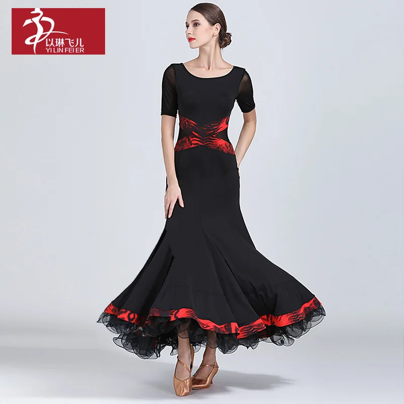 1pcs/lot woman fashion patchwork long ballroom dancing dress girl waltz dancing ruffles dancing dress