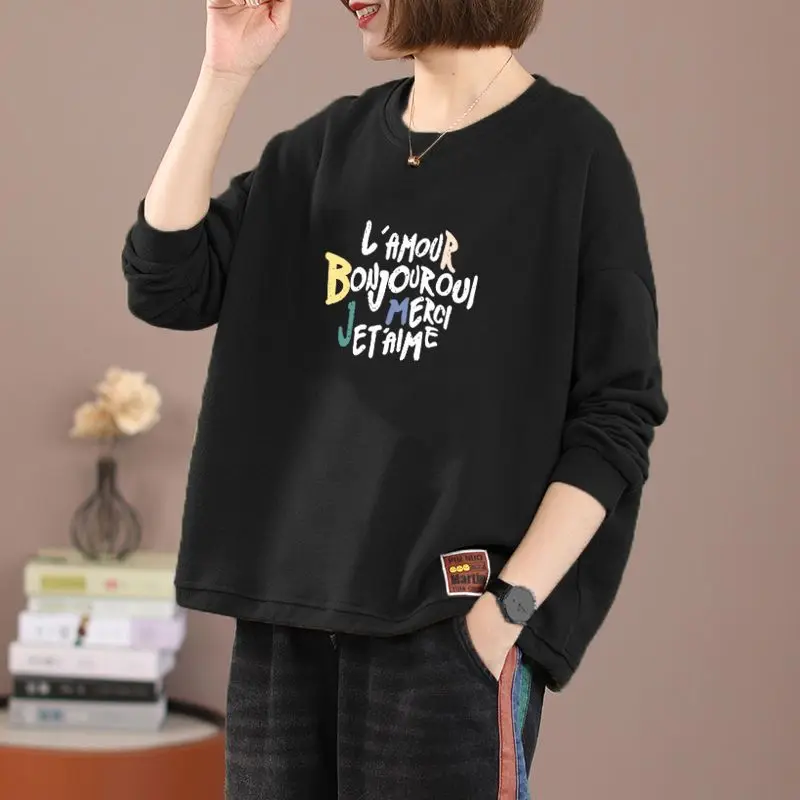 Autunno Nuovo Top T-shirt da donna Versatile girocollo Camicia a maniche lunghe Allentato Letterario Casual Stampato Felpa elegante