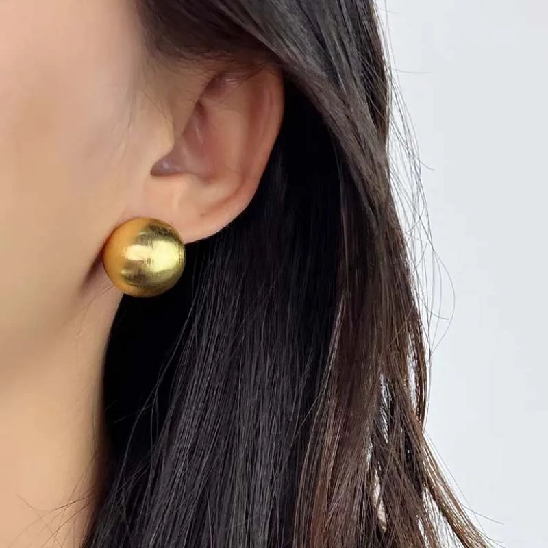 Fashion Metal Brushed Frosted Semicircle Stud Earrings for Women Vintage Gold Color Round Ball Temperament Earrings Jewelry Gift image 2