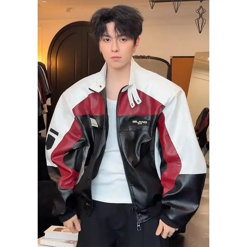 

Trendy High-End Leather Jaet Men's Women's Spring Autumn Color Blo Biker Collar Jaet Casual Loose Fit Polyester