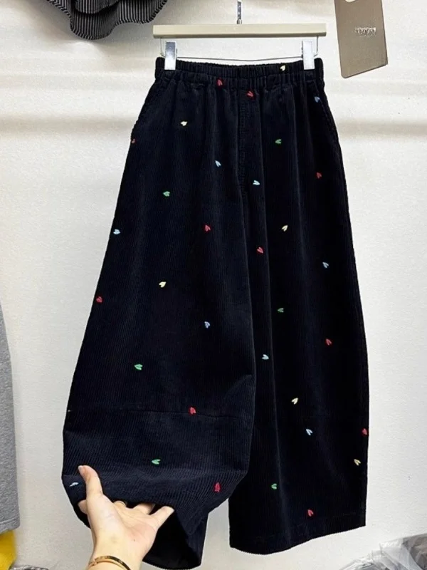 

plus Size Corduroy Wide Leg Pants Men's Casual Elastic Waist Embroidered Heart Autumn Winter Faion Comfortable Fit Trousers