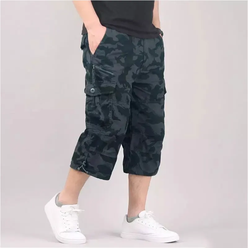 Calção de carga masculina na altura do joelho, algodão casual solto, calção multi bolsos, Capri Short, camuflagem para jogging, tático, verão