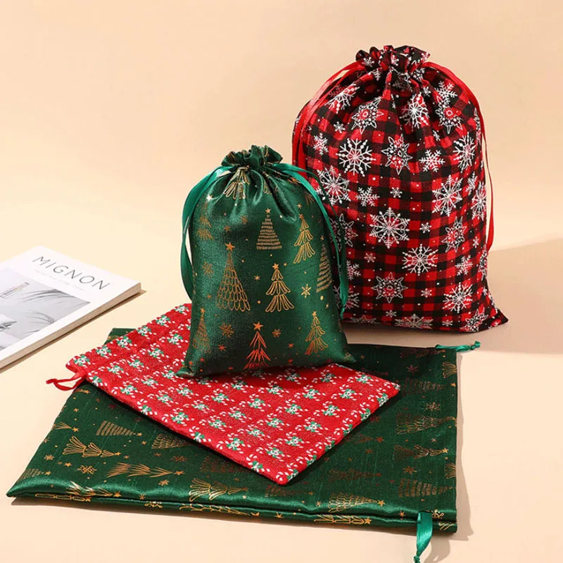20pcs/lot 15*20, 20*30, 30*40cm Big Sizes Gold Stamping Pattern Bamboo Cotton Drawstring Bags For Christmas Gift Packing Pouches