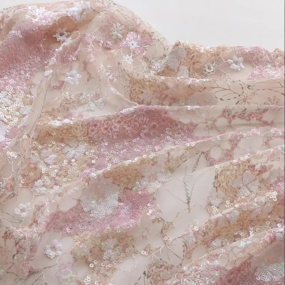 130cm 0.5m/lot Pink Sequins Embroidered Mesh Fabric Fantasy Embroidered Fabric Dress Consume Fabric Material X1293