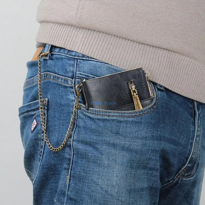 D0UD Chain Wallets for Men Rfid Blocking Genuine Leather Bifold Stylish Black Wallet