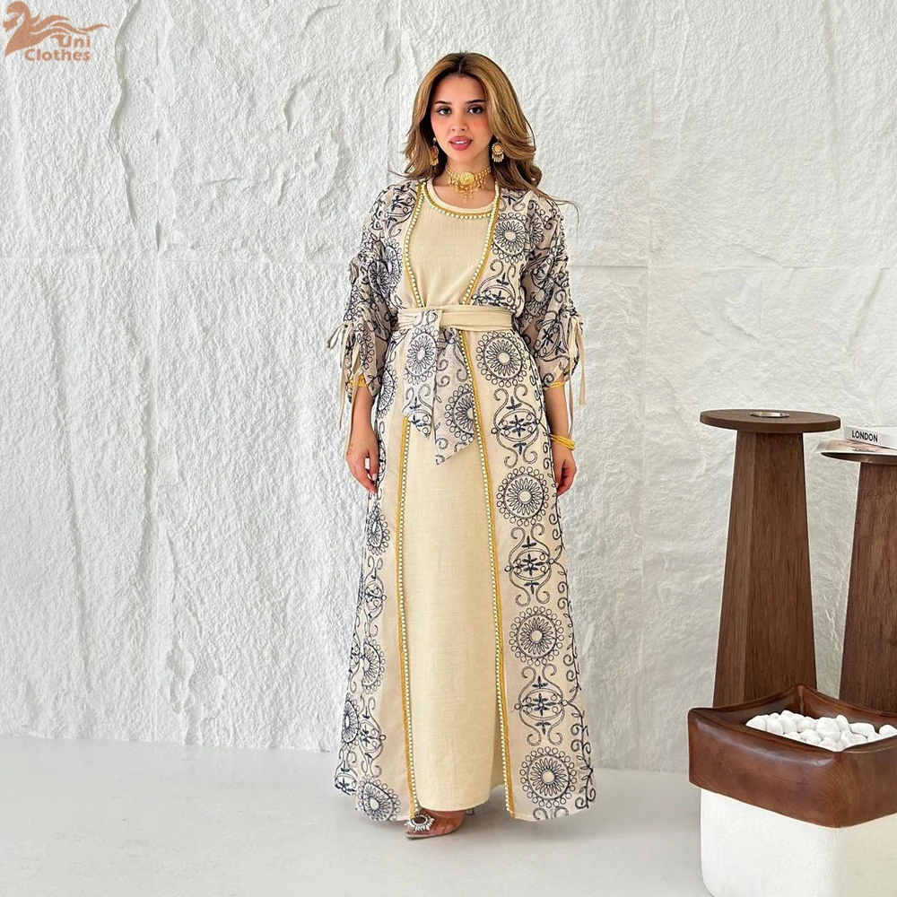Uni dubaï Ramadan broderie élégant abaya deux pièces musulman élégant femmes robe de soirée col rond ceinturé caftan
