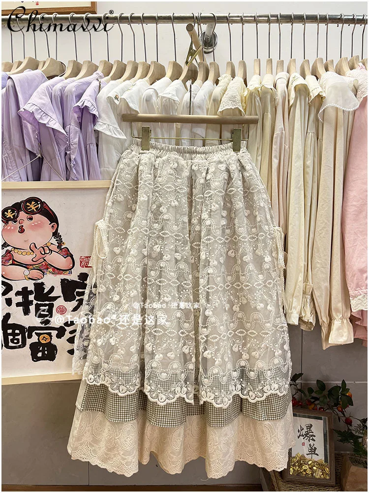 

Mori Style Sweet Girl Lace Stitching Color-Contrast Check Mid-Length Skirt Fashion Elastic Waist A- Line Skirt Women's Summer