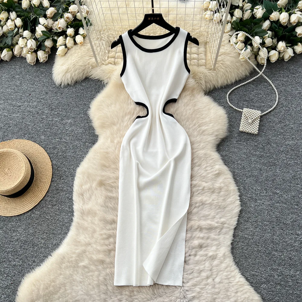 

2026 Women Dresses Solid Dress A Line Side Slit Round Neck Ankle Length Sleeveless Cut Out Empire Waist Slim Fit Casual Summer