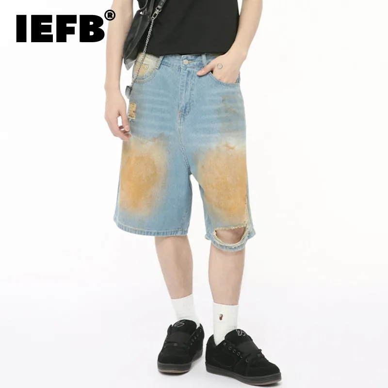 

IEFB New Male Denim Shorts Summer Hole Contrast Color Worn-out Wide Leg Trousers Straight Casual Men's Trousers 2024 9C6429