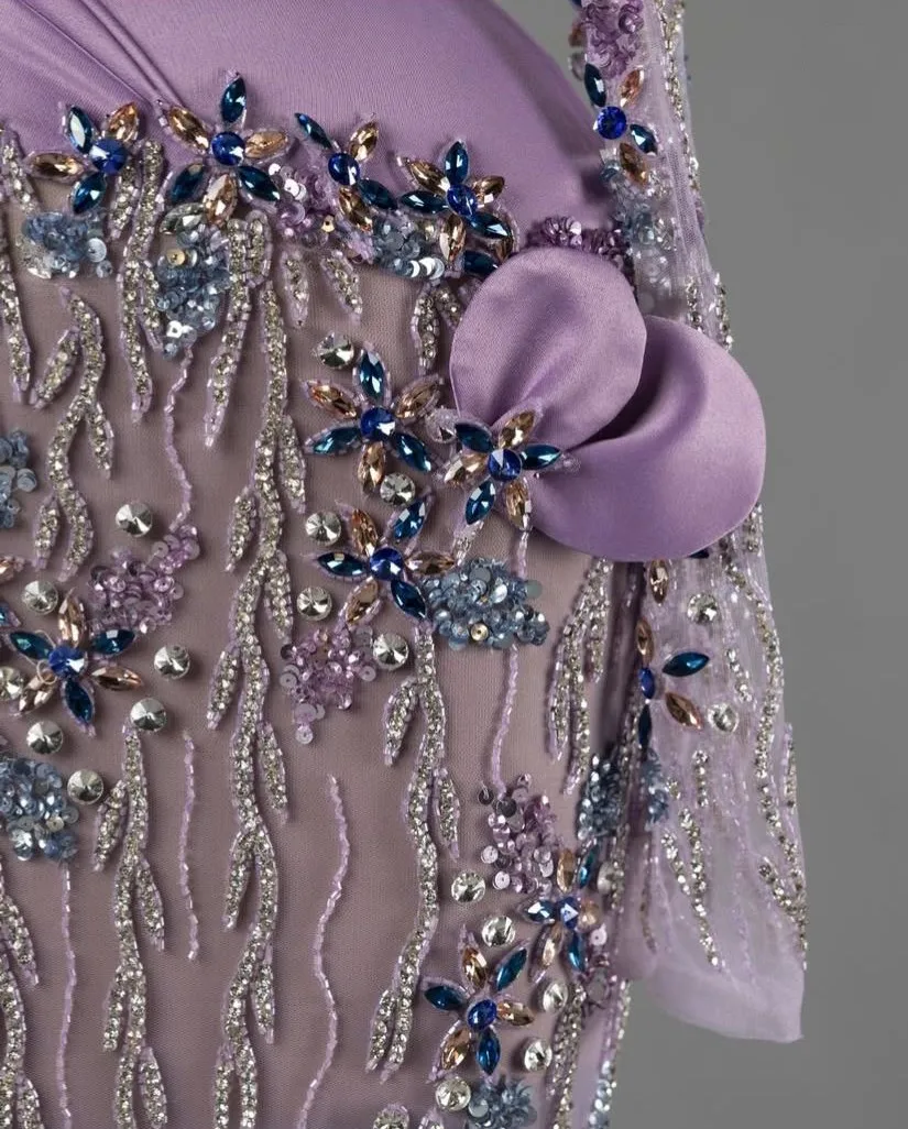 Lindo lilás vestidos de noite dubai fora do ombro alta costura mangas completas vestidos de baile tule miçangas maxi vestido floral em camadas