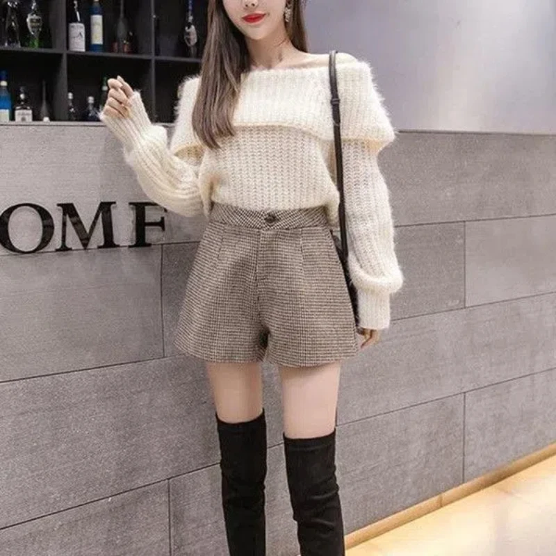 Korean Fashion Autumn New Woolen Women Houndstooth Zipper Button Pockets Casual High Waist Loose Straight A-line Wide Leg Short