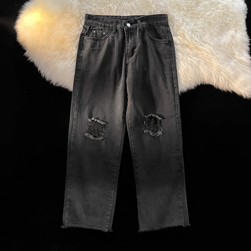 Men's Black Ripped Jeans Spring/summer Loose Straight Leg Denim Pants Korean Casual Fashion Solid Color Male Trousers