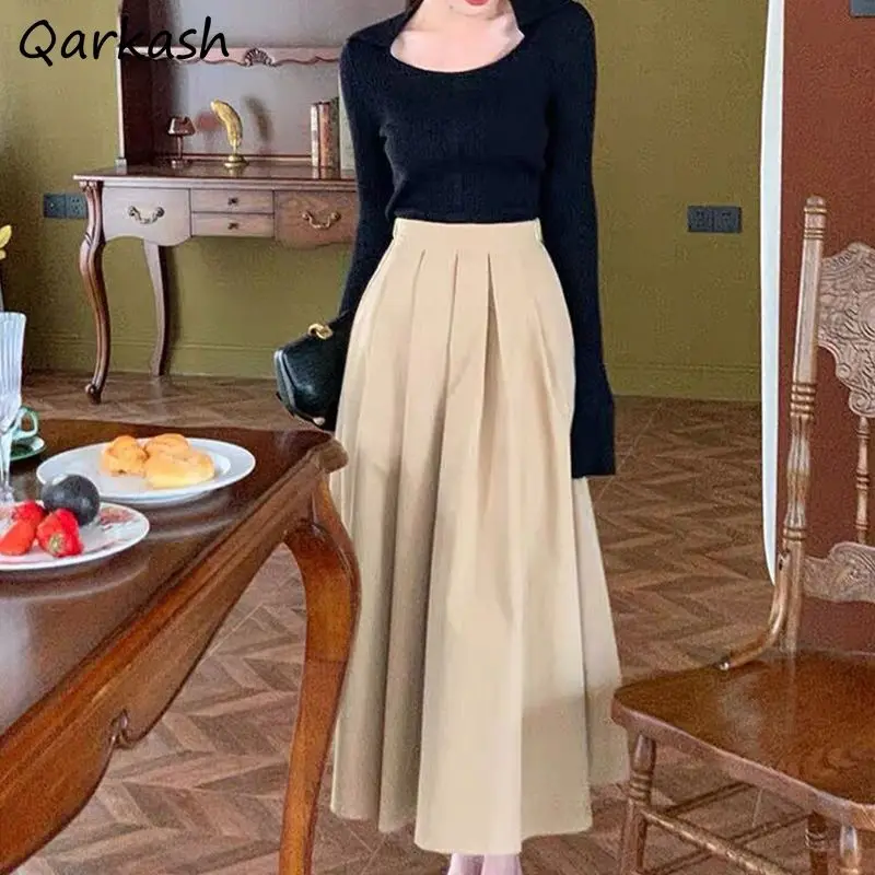 Pleated Skirts Women Autumn Literary Vintage Elegant High Waist New Basic Leisure All-match Midi French Style Temperament Faldas